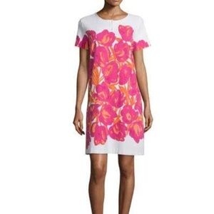 Joan Vass Mod Floral Short-Sleeve Pique Mini Dress Size 2